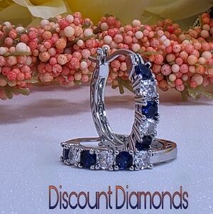 Sapphire Hoop Blue and White 2.20 Ct. Earrings 14K White Gold on 925 